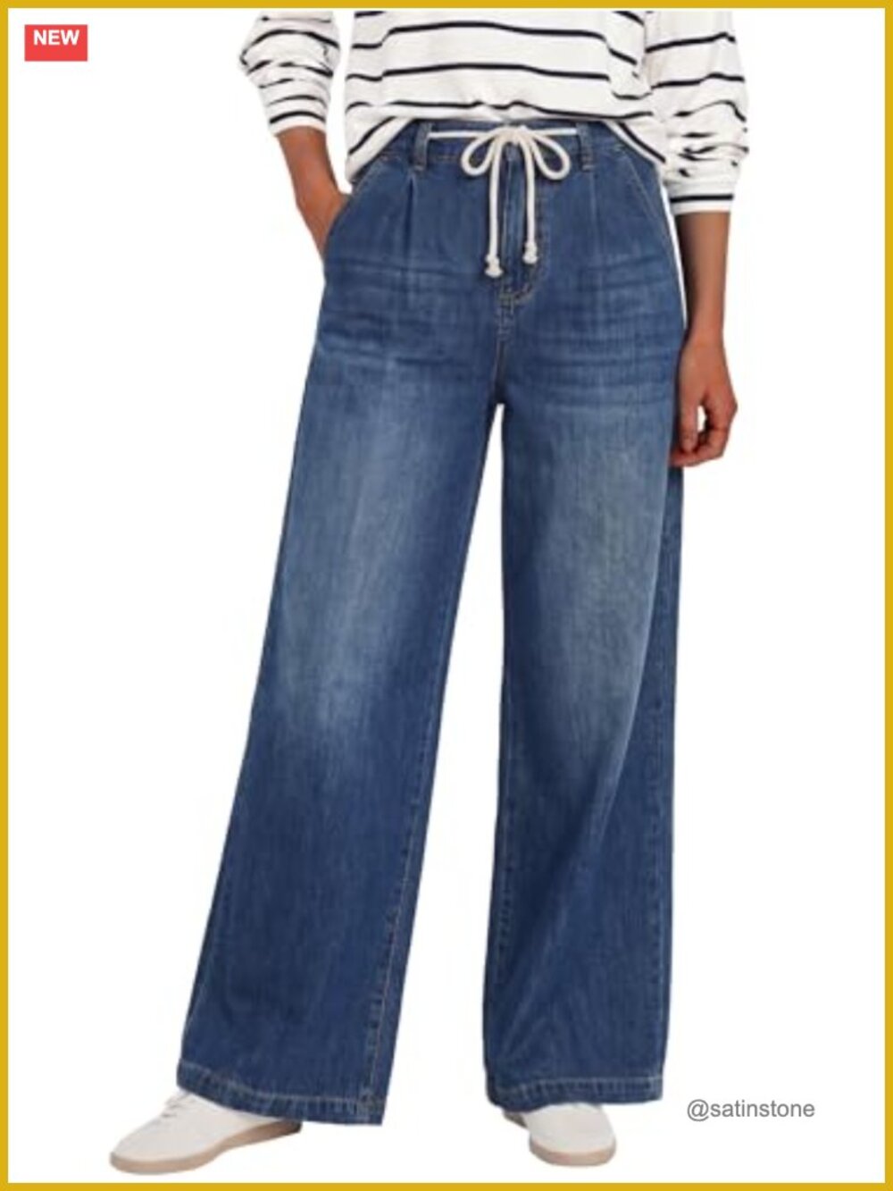 Wide Leg Jeans Drawstring Denim Pants with Pockets